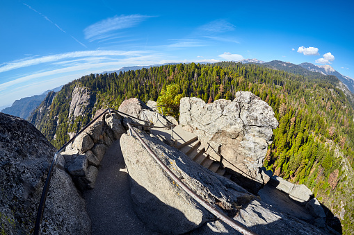 Stairway to the top of Moro Rock, unique granite dome rock formation in Sequoia National Park, USA.