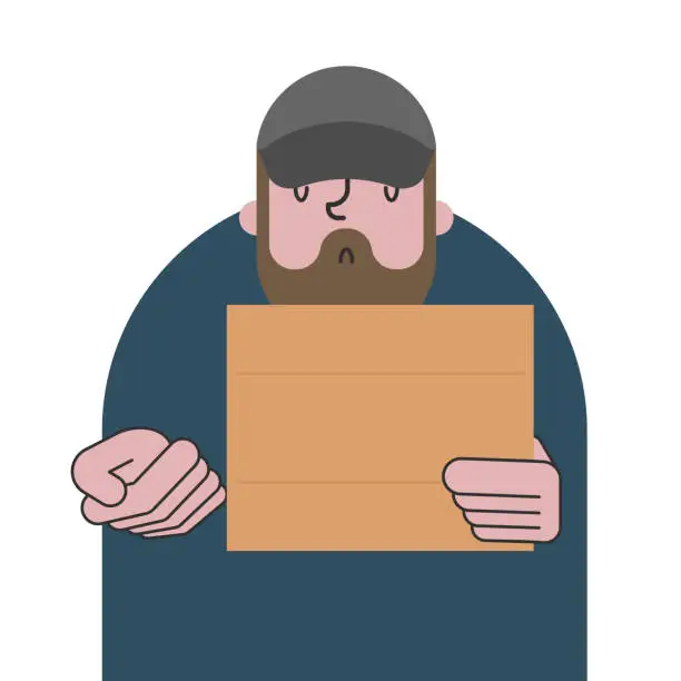 Vector illustration of Homeless and cardboard. Beggars and blank plate, Poor. bum hobo Vector illustration