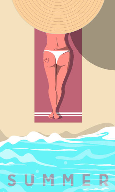 letni klimat. dziewczyna opalanie na plaży. ilustracja wektorowa. - swimming animal beach casual loving stock illustrations