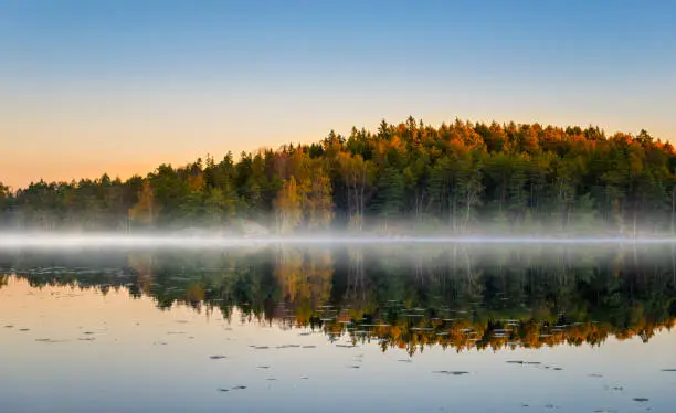 Beautiful and quiet morning at the autumn lake in Sweden.