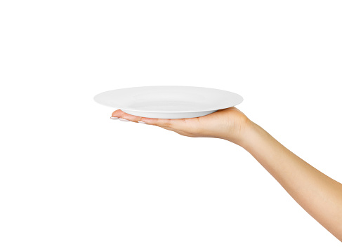 Blank empty round plate in female hand. perspective view, isolated on white background.