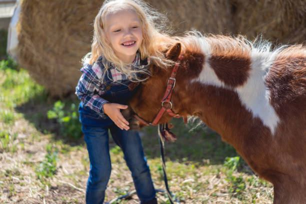 istock adorable smiling kid touching cute pony at farm 1016192700
