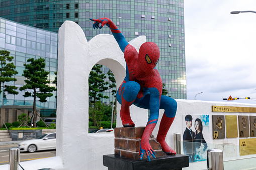 Busan, South Korea - Jul 12, 2018 : Spider-Man statue at Busan haeundae Cinema Street