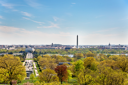 The urban skyline of the city of Washington D.C as viewed from the Arlington Cemetery.