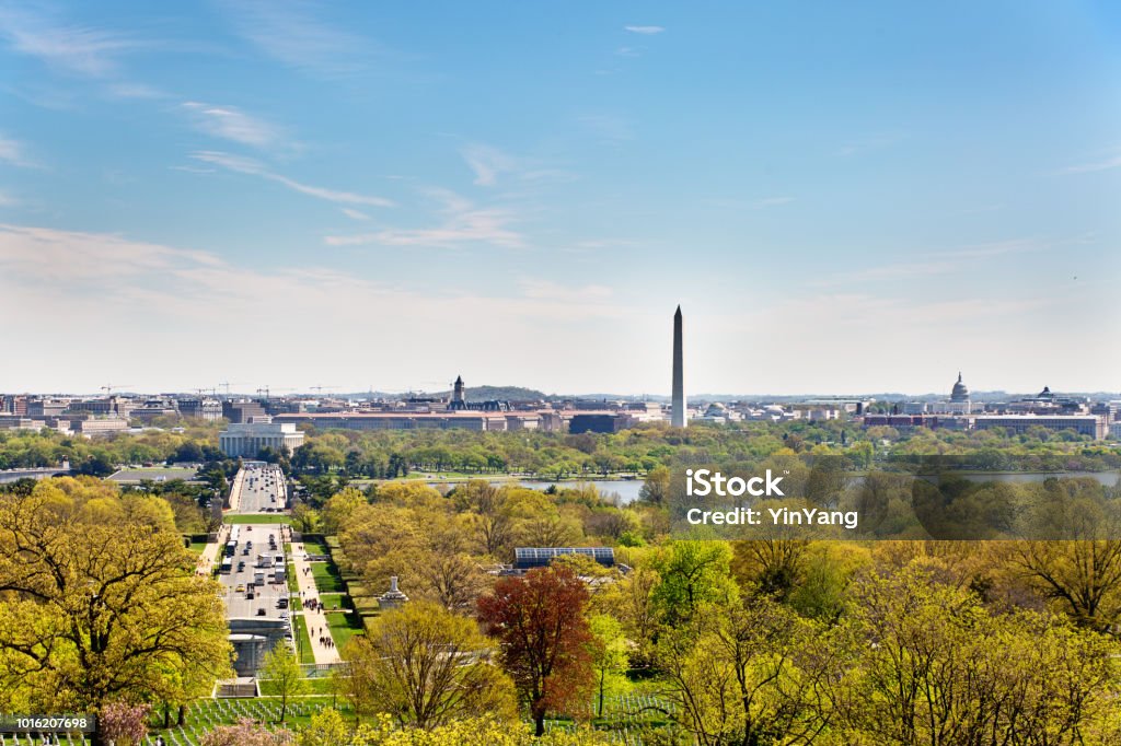 The city Skyline of Washington DC, USA The urban skyline of the city of Washington D.C as viewed from the Arlington Cemetery. Washington DC Stock Photo