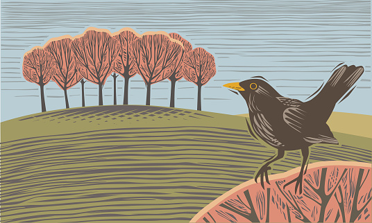 Countryside scene in hand crafted wood cut print style.