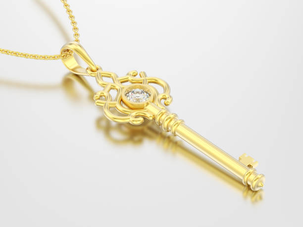 istock 3D illustration yellow gold decorative key necklace on chain with diamond 1016217146