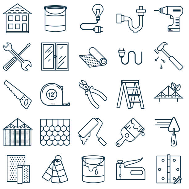 dünne linie home improvement diy-symbol - home improvement hammer saw work tool stock-grafiken, -clipart, -cartoons und -symbole