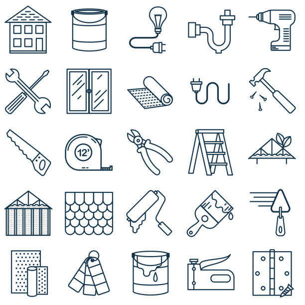 Thin Line Home Improvement DIY Icon Home improvement thin line flat design icon. Cute simple icon with bold color paint icons stock illustrations