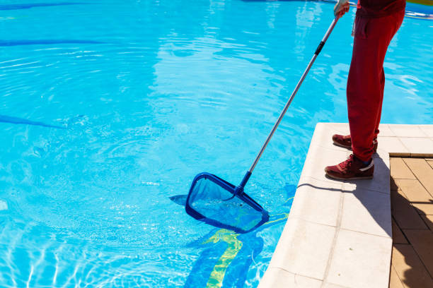 istock Man cleaning a swimming pool in summer with a brush or net on a blue pole standing barefoot on the tiles at the edge, low angle view of his lower body. 1016227110