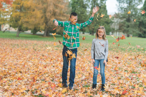 istock Siblings throwing leaves into the air at a park 1016237346