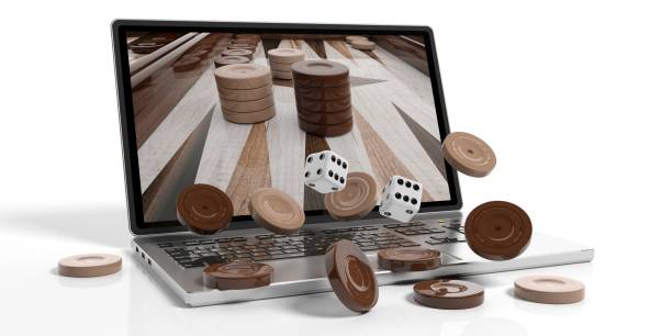 backgammon di legno da un portatile. illustrazione 3d - backgammon board game leisure games strategy foto e immagini stock