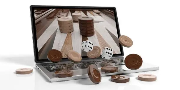 Wooden online backgammon concept on white background. 3d illustration