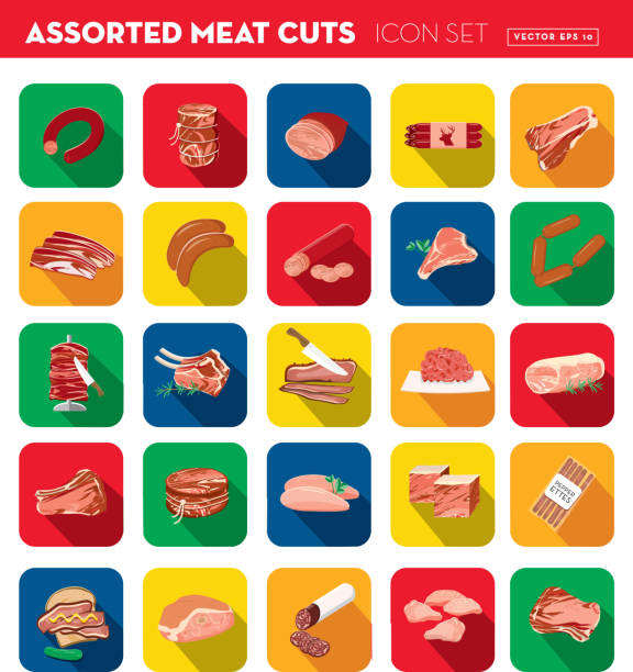 ilustrações de stock, clip art, desenhos animados e ícones de deli meat cuts assorted cuts flat design themed icon set with shadow - pot roast roast beef roasted beef