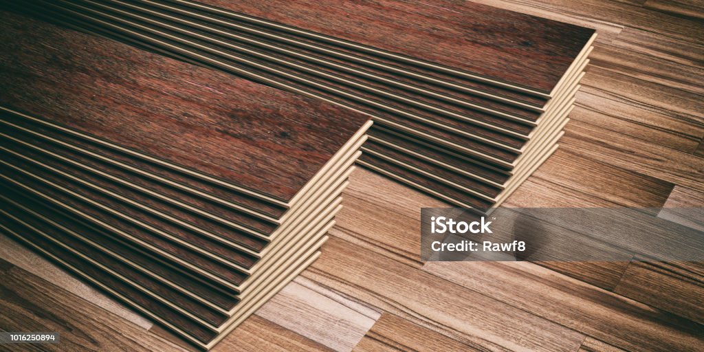 Laminate floor stack on wooden background. 3d illustration Laminate floor planks on wooden background. 3d illustration Artificial Stock Photo