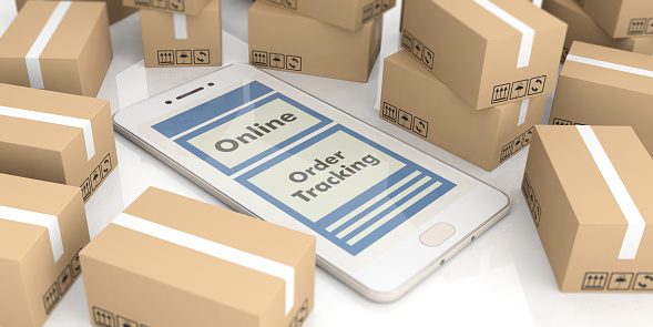 Smartphone on moving boxes background. Online order, tracking and delivery concept. 3d illustration