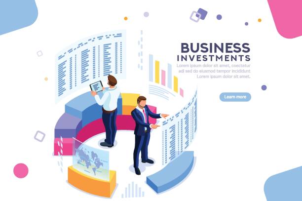 Strategy Analytics a Financial Banner Businessman, isometric chart on device. Strategy analytics and economic. Analyze future progress on finger device. International strategy for executive network. Concept with characters. Flat isometric looking at digital display stock illustrations