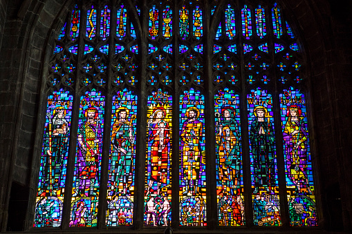 Chester, UK - July 31st 2018: One of the beautiful stained glass windows in the historic Chester Cathedral, UK.