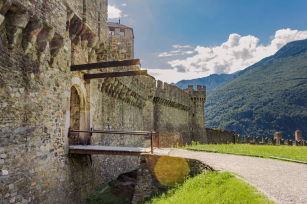 Landscape picture of Castle Montebello during the day Cloudy day in summer no people. 
drawbridge. Bellinzona drawbridge photos stock pictures, royalty-free photos & images