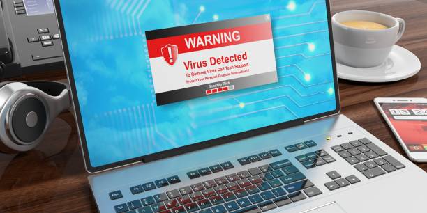 alerta de virus en una pantalla de ordenador portátil. ilustración 3d - antivirus software audio fotografías e imágenes de stock