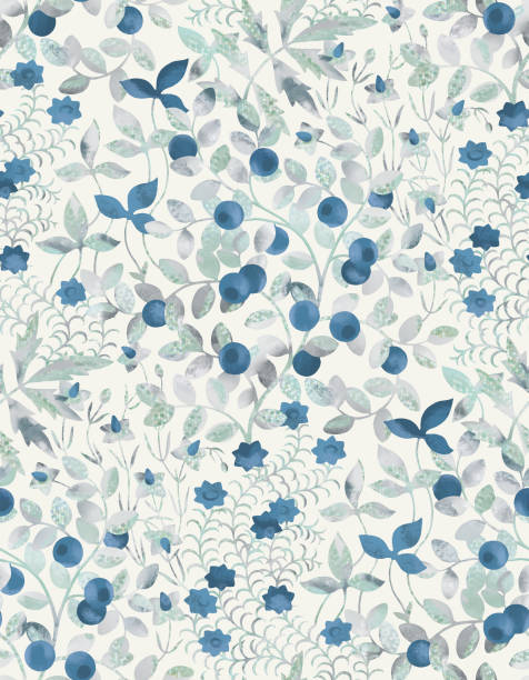 seamless pattern with blueberries and forest plants Silver pattern with blueberries, inspired by marsh herbs, flowers and mosses lycopodiaceae stock illustrations