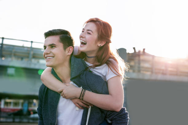 Delighted positive couple having a great time