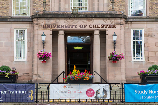 Chester, UK - August 2nd 2018: The entrance to one of the buildings of the University of Chester, in the historic city of Chester, UK.