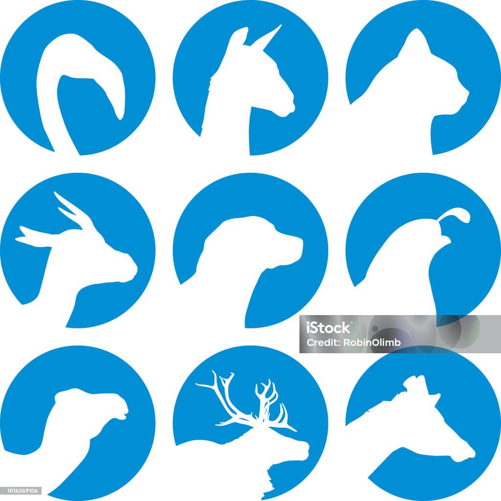 Animal Head Icons Vector illustration of nine round blue and white animal head icons. Quail - Bird stock vector