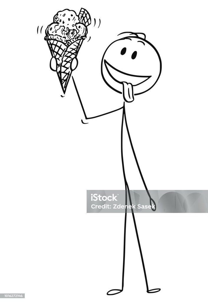 Cartoon Of Man Enjoying And Holding Big Ice Cream Cone Stock Illustration Download Image Now