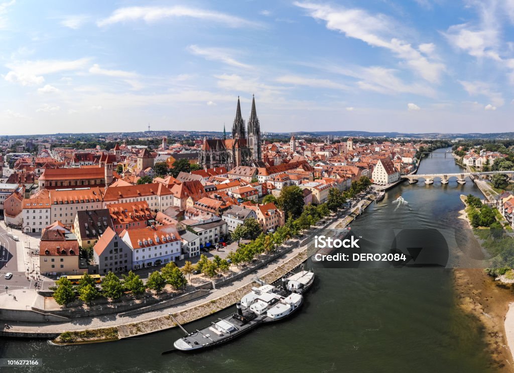 Aerial photography of Regensburg city, Germany. Danube river, architecture, Regensburg Cathedral and Stone Bridge created by dji camera Regensburg Stock Photo