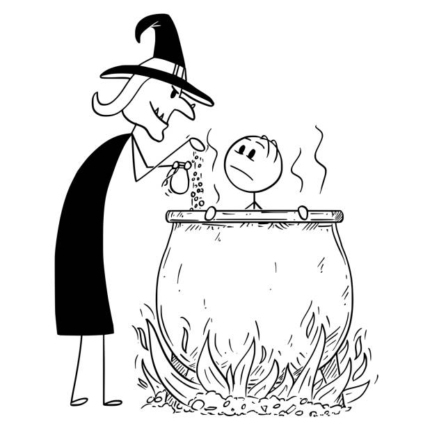 Cartoon Of Man Boiled By Evil Witch In Cauldron Stock Illustration -  Download Image Now - Witch, Adult, Black Color - iStock