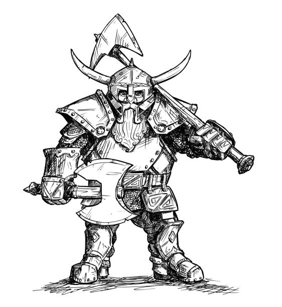 Vector Drawing Illustration of Fantasy Dwarf Warrior in Armor With Axes Vector artistic pen and ink doodle drawing illustration of fantasy dwarf warrior in horned helmet and heavy armor and holding two axes. dwarf stock illustrations