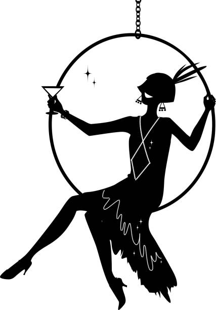 Flapper silhouette clip-art Young woman dressed in 1920s fashion sitting in a hanging hoop and having a cocktail, EPS 8 vector silhouette, no white objects 1920 stock illustrations