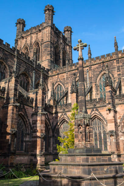 A view of Chester War Memorial and the magnificent Chester Cathedral in the historic city of Chester in Cheshire, UK.