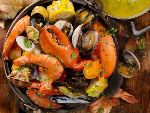 Shellfish Bake with Lobster, Tiger Prawns, Mussels, Clams and Vegetables