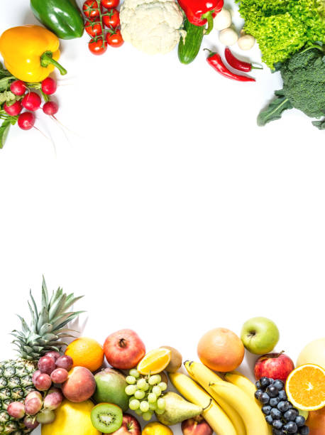 Frame of fresh vegetables and fruits isolated on white background stock photo