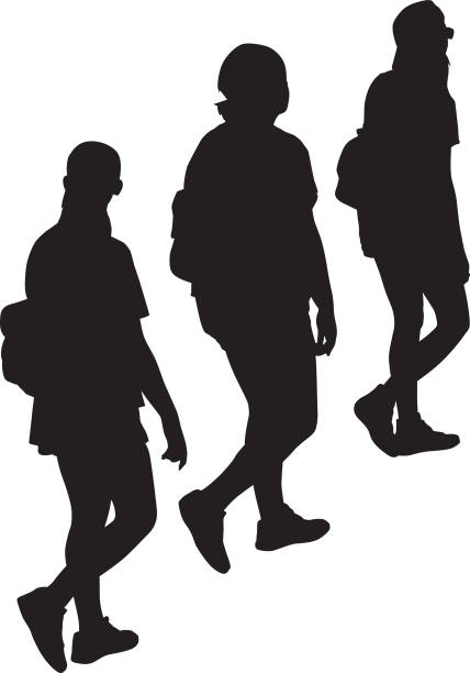 ilustrações de stock, clip art, desenhos animados e ícones de three teen girls walking in line silhouette - three people women teenage girls friendship