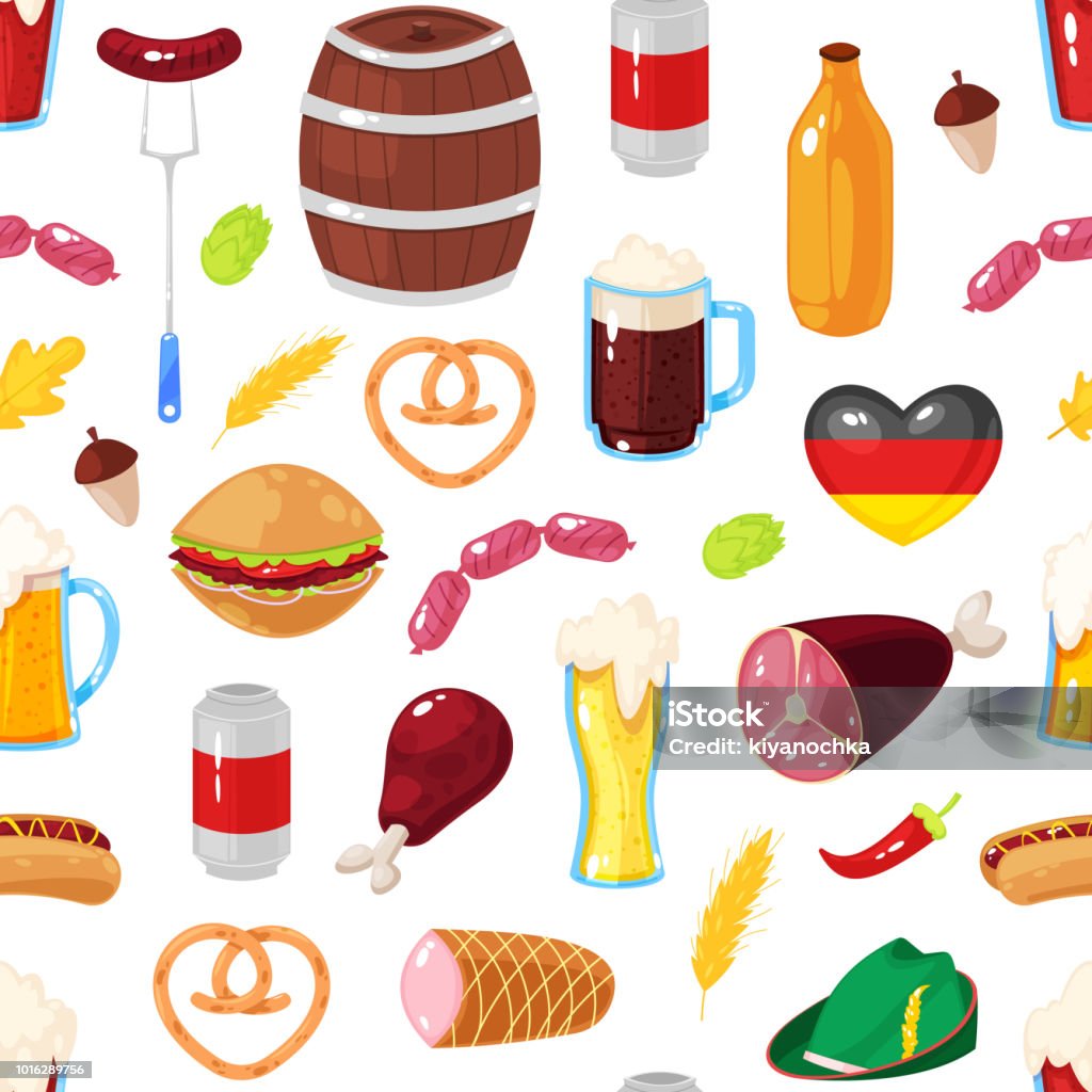 Beer Fest beer festival Seamless pattern with cartoon elements of Beer Fest beer festival on white background Acorn stock vector