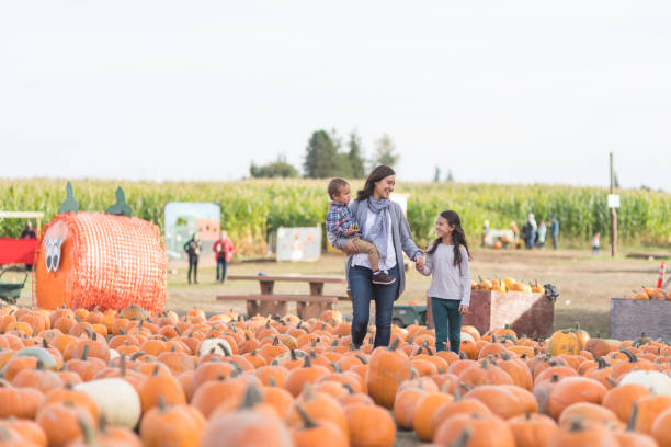 istock Beautiful ethnic mom and her daughters at a pumpkin farm! 1016293360