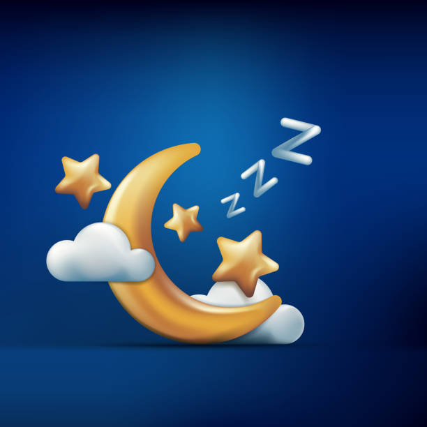 ilustrações de stock, clip art, desenhos animados e ícones de vector 3d style illustration of golden moon, stars and clouds on blue background. sleeping concept. night dream icons - 3675