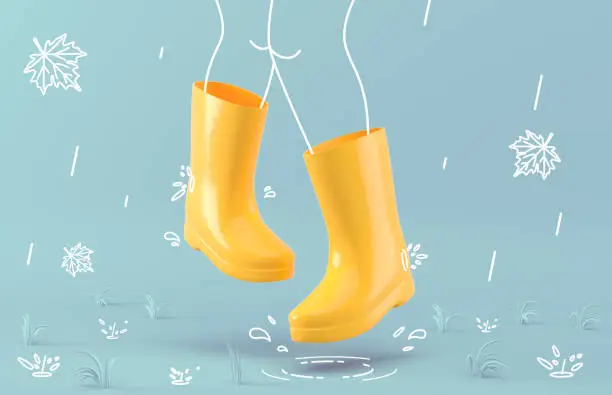 Photo of Feet in yellow rubber boots jump in a puddle, where fallen leaves float. Legs of happy lady running down puddle and making splashes. Creative layout on pastel blue background. 3d render