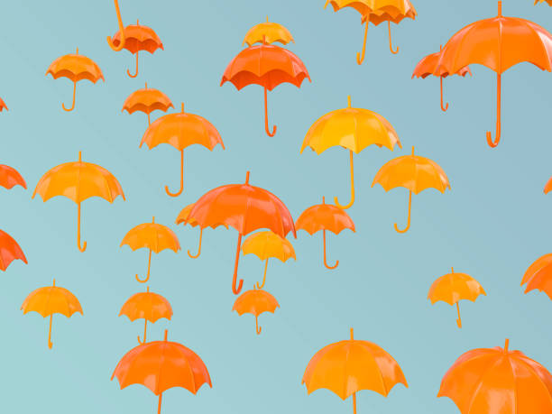 istock Orange umbrellas on pastel blue background. Creative minimal autumn flat lay. 3d render 1016314340