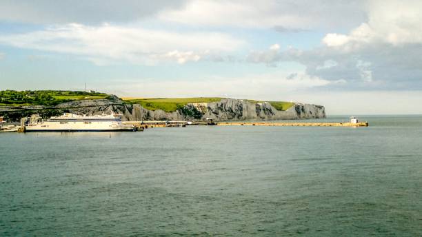 Dover harbour and White Cliffs of Dover when viewed from the sea. Kent, UK