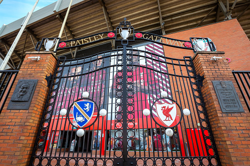 LIVERPOOL, UK - MAY 17 2018: The Paisley Gateway in front of Anfield stadium was unveiled on April 8th 1999 tribute by the club towards one of it's greatest club managers, Bob Paisley (1919-1996)