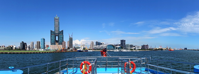 The skyline of Kaohsiung City in Taiwan seen from the harbor