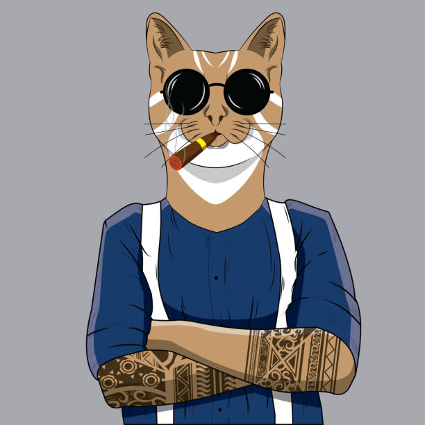 Hipster Cat Smoking Animal hipster illustration cat-glasses stock illustrations