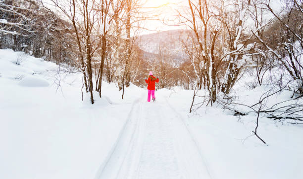 Woman hiker walking in winter forest.