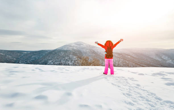 istock Woman hiker on mountain top in winter 1016390284