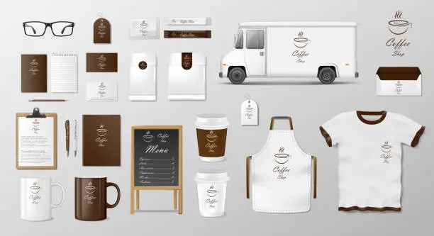 Vector illustration of Mockup set for coffee shop, cafe or restaurant. Coffee food package for corporate identity advertising design. Realistic set of cardboard, envelope, cup, pack, shirt, menu and van