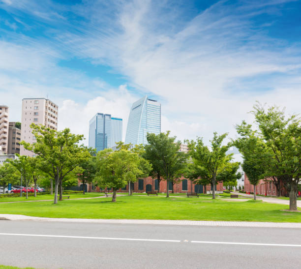 Central park landscape with modern building in Japan.